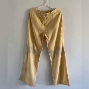 Women's Mid -Rise Linen Wide Leg Yellow Cream embroidered pants Size L